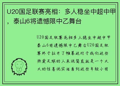 U20国足联赛亮相：多人稳坐中超中甲，泰山6将遗憾限中乙舞台